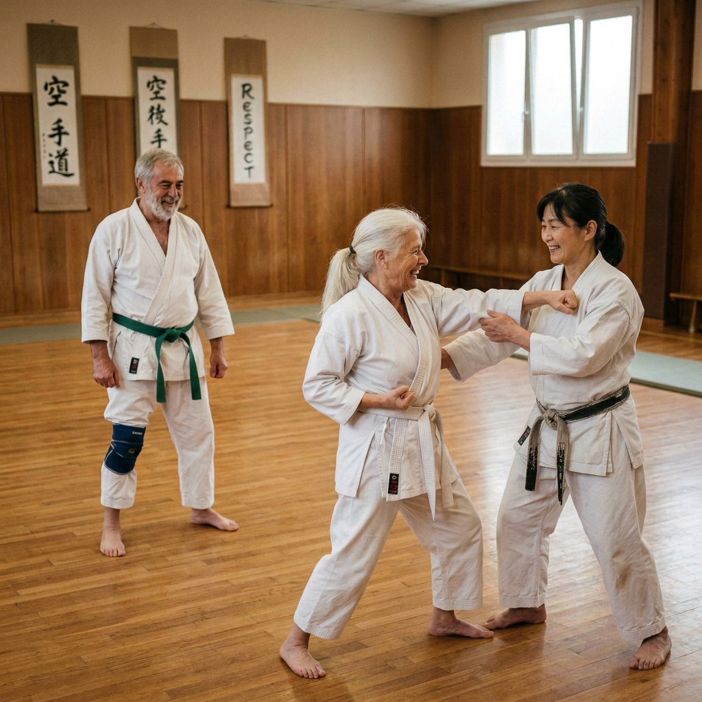 Group of older adults practicing karate in dojo with white uniforms and belts